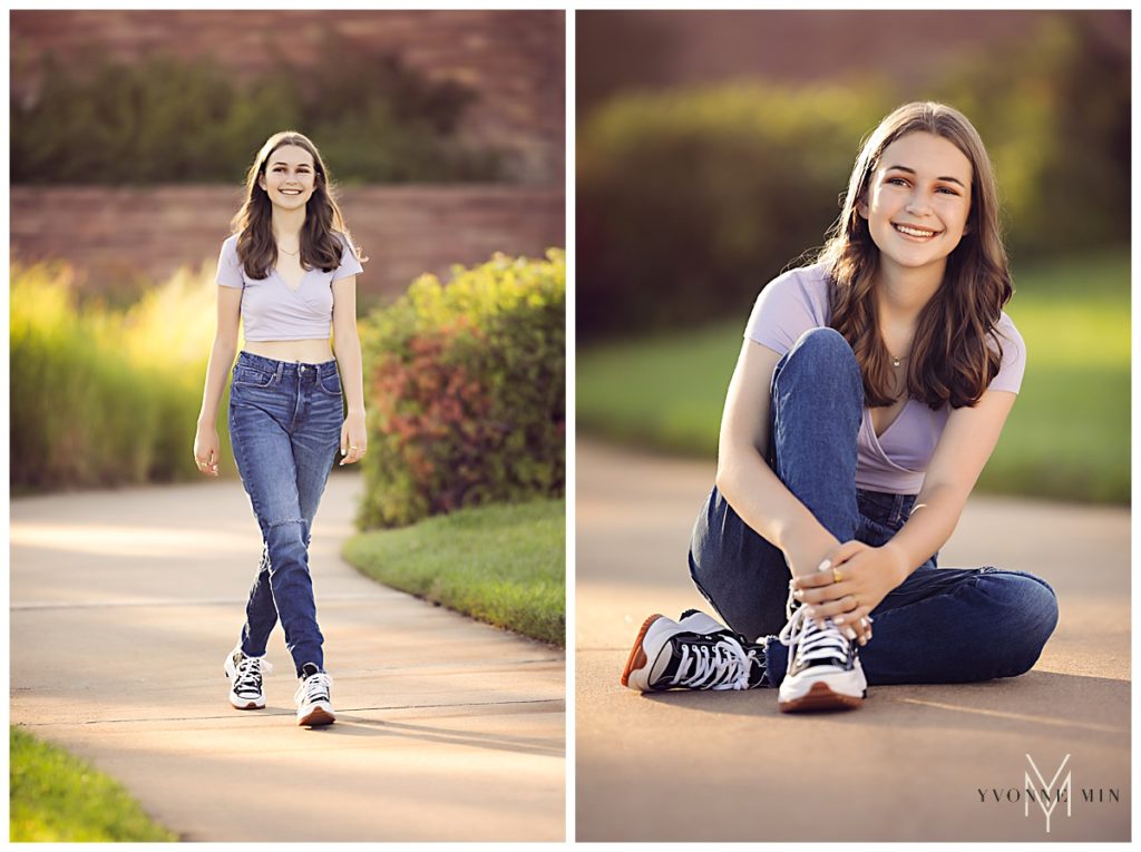 High school senior girl walking on a path at her senior shoot with Yvonne Min.