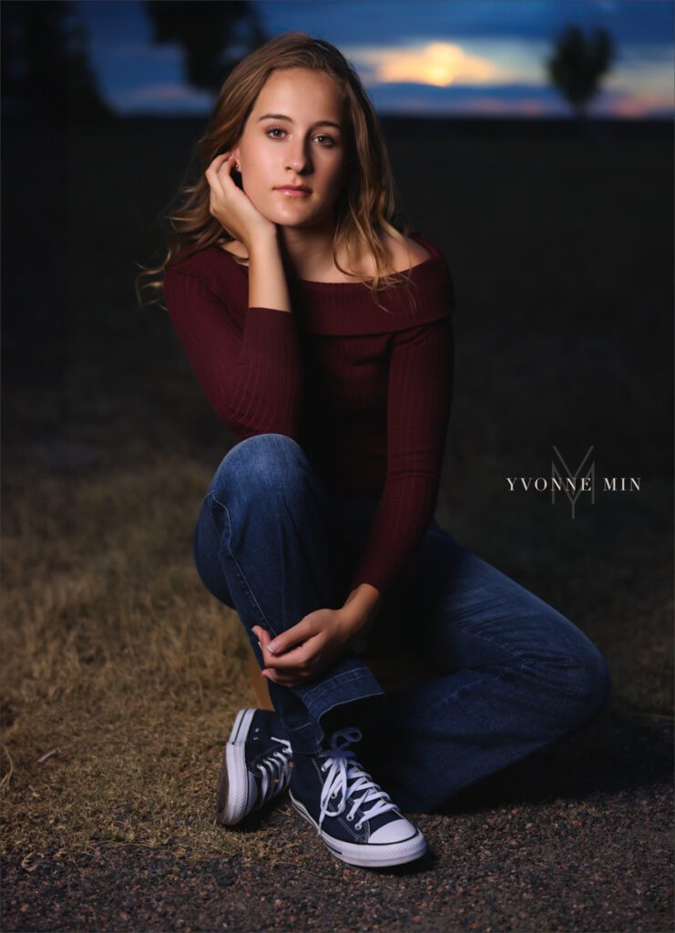 A senior photo taken with off-camera (OCF) flash on Davidson Mesa Trailhead of a Legacy High School student by Yvonne Min Photography.